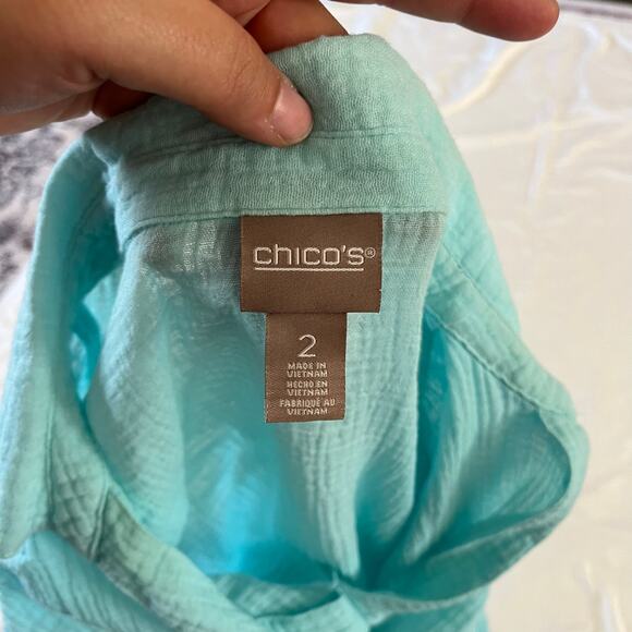 Chicos Blue Gauzy Cotton Collared Blouse Sz 2 / L Casual Preppy Cruise Vacation - Picture 7 of 8